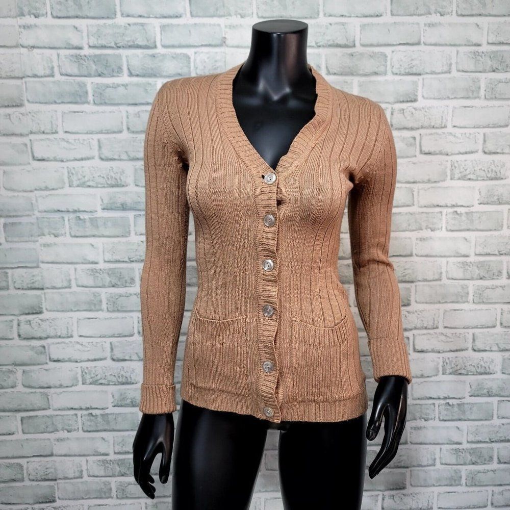 Vintage 70s Genesis Size S Tan Knit Acrylic Cardigan Sweater Fitted Lightweight